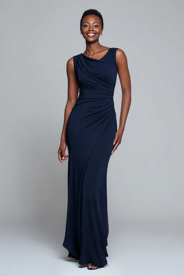 Navy Sheath Sleeveless Ruched Long Formal Dress